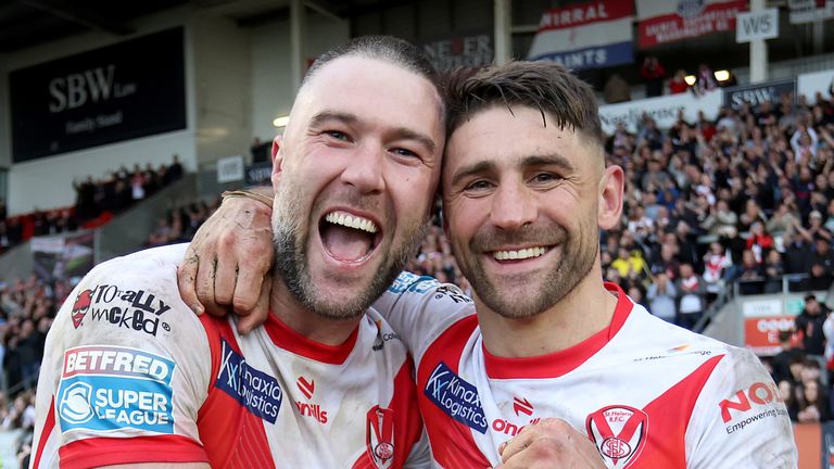 Star man Tommy Makinson celebrates after St Helens' big win over Wigan