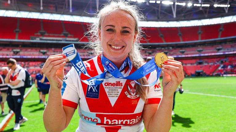 Picture by Will Palmer/SWpix.com - 12/08/2023 - Rugby League - Betfred Women's Challenge Cup Final - Leeds Rhinos v St Helens - Wembley Stadium, London, England - Jodie Cunningham of St.Helens poses for a photo with her Player of the Match Medal and her Betfred Women's Challenge Cup Final winners medal after victory over Leeds Rhinos