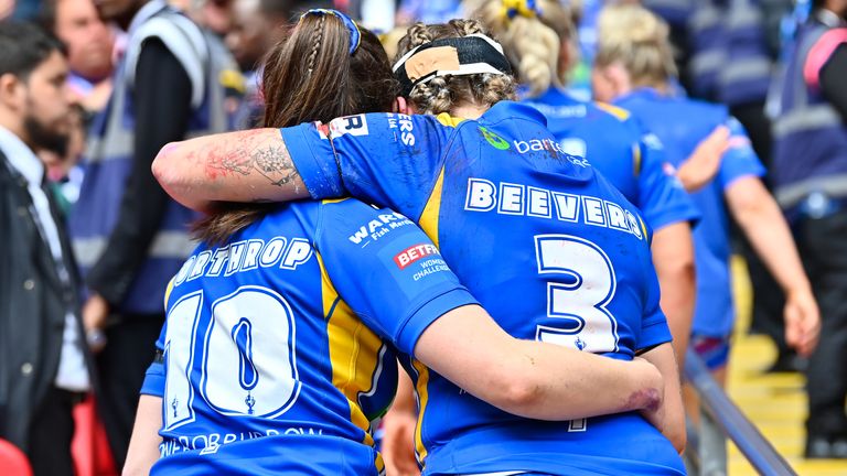 Picture by Allan McKenzie/SWpix.com - 08/06/2024 - Rugby League - Betfred Women's Challenge Cup Final - Leeds Rhinos v St Helens - Wembley Stadium, London, England - Leeds... Isabel Northrup and Caitlin Beevers dejected after the loss to St Helens