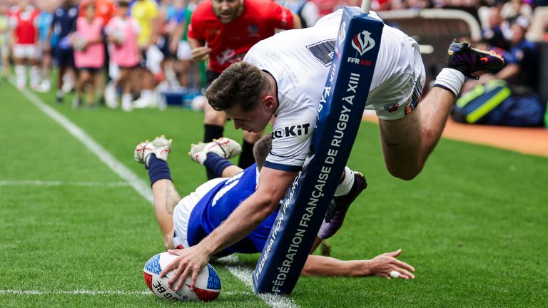 Picture by Alex Whitehead/SWpix.com - 29/06/2024 - Rugby League - International Test - France vs England - Stade Ernest-Wallon, Toulouse, France - Jack Welsby of England scores a try.