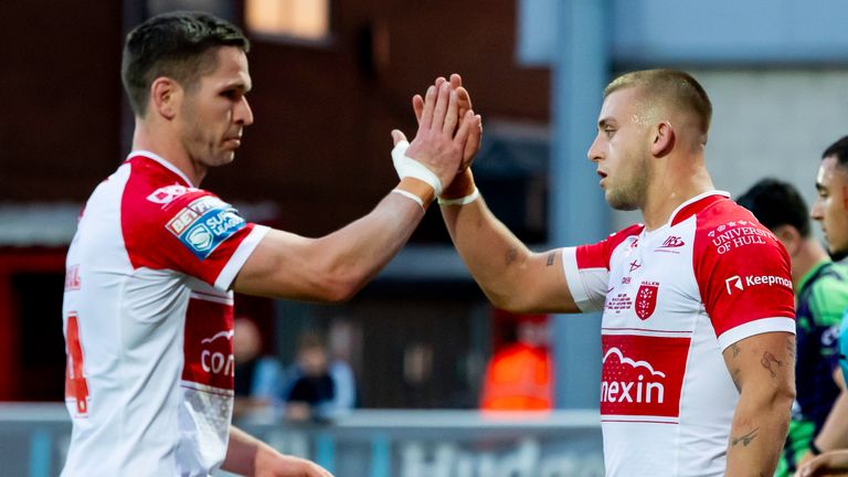 Picture by Allan McKenzie/SWpix.com - 09/08/2024 - Rugby League - Betfred Super League Round 21 - Hull KR v Castleford Tigers - Sewell Group Craven Park, Hull, England - Hull KR's Mikey Lewis celebrates scoring a try against Castleford.