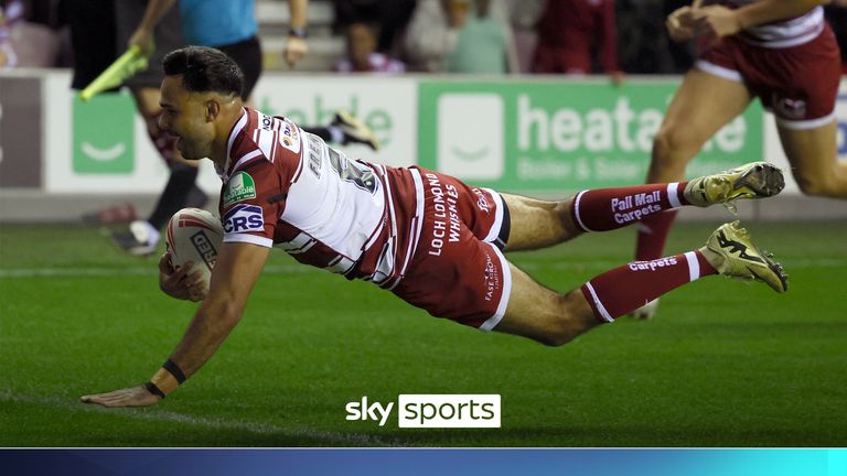 Wigan Warriors' Bevan French scores a try during the Betfred Super League, play off, semi-final match at The Brick Community Stadium, Wigan. Picture date: Saturday October 5, 2024.